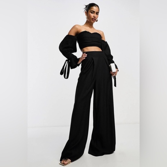 ASOS Sz 14 Mini Pleats Slinky Wide Leg Elasticized Waist Palazzo Style Pants - Picture 1 of 10